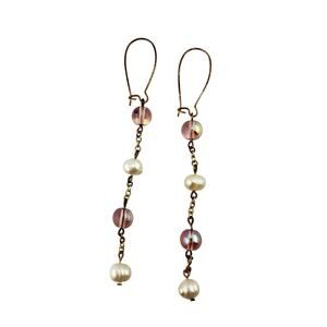 Freshwater Pearl Irridescent Pink Glass Gold Tone Beaded Dangle Drop 4" Earrings